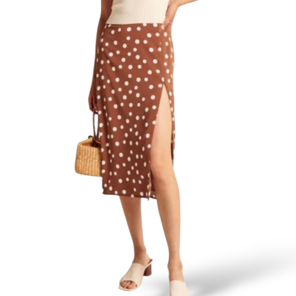Abercrombie & Fitch Brown White Polka Dot Side Slit Midi Skirt Women's Large - Picture 1 of 16